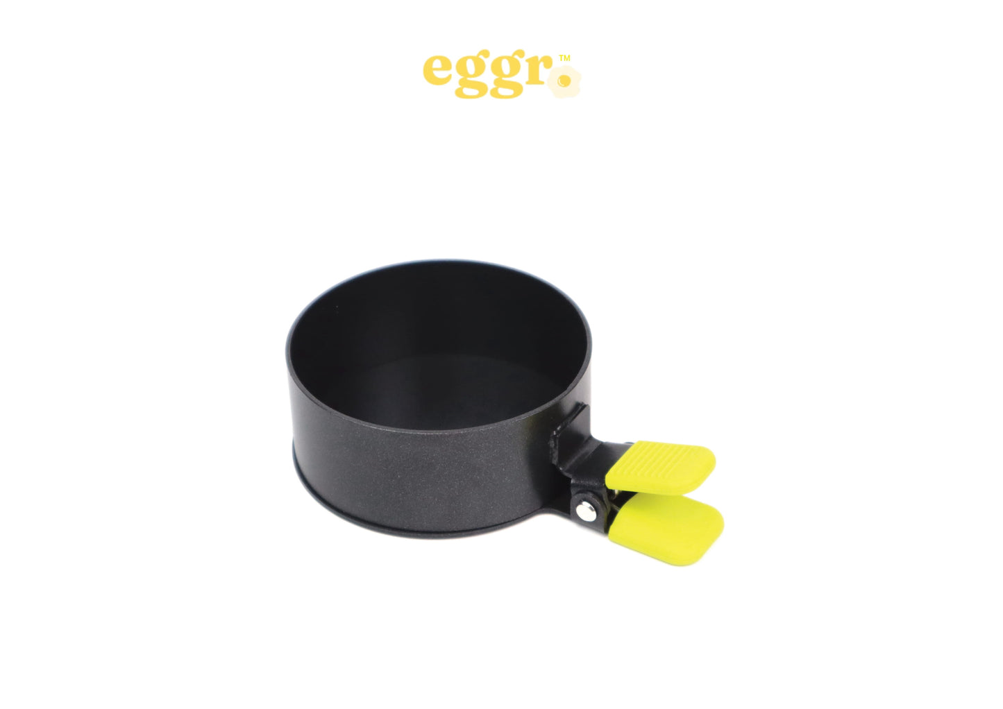 eggr egg cooker with metal non toxic material and a yellow grip handle which opens and closes for your eggs